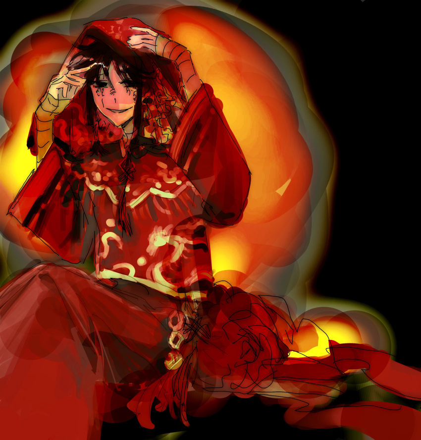 1boy, absurdres, alternate_costume, bandaged_arm, bandages, black_eyes, black_hair, chinese_commentary, commentary_request, dress, facial_tattoo, gold_trim, highres, honggaitou, jacket, long_hair, long_sleeves, male_focus, moshizhi70303, red_dress, red_jacket, red_veil, sketch, smile, solo, tattoo, touqi_guaitan, veil, ziche_fuzhao