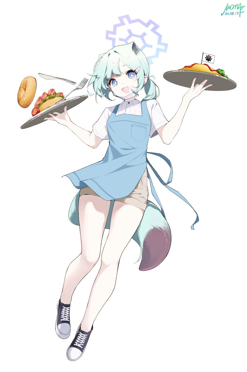 1girl, :d, absurdres, animal_ears, apron, aqua_hair, blue_apron, blue_archive