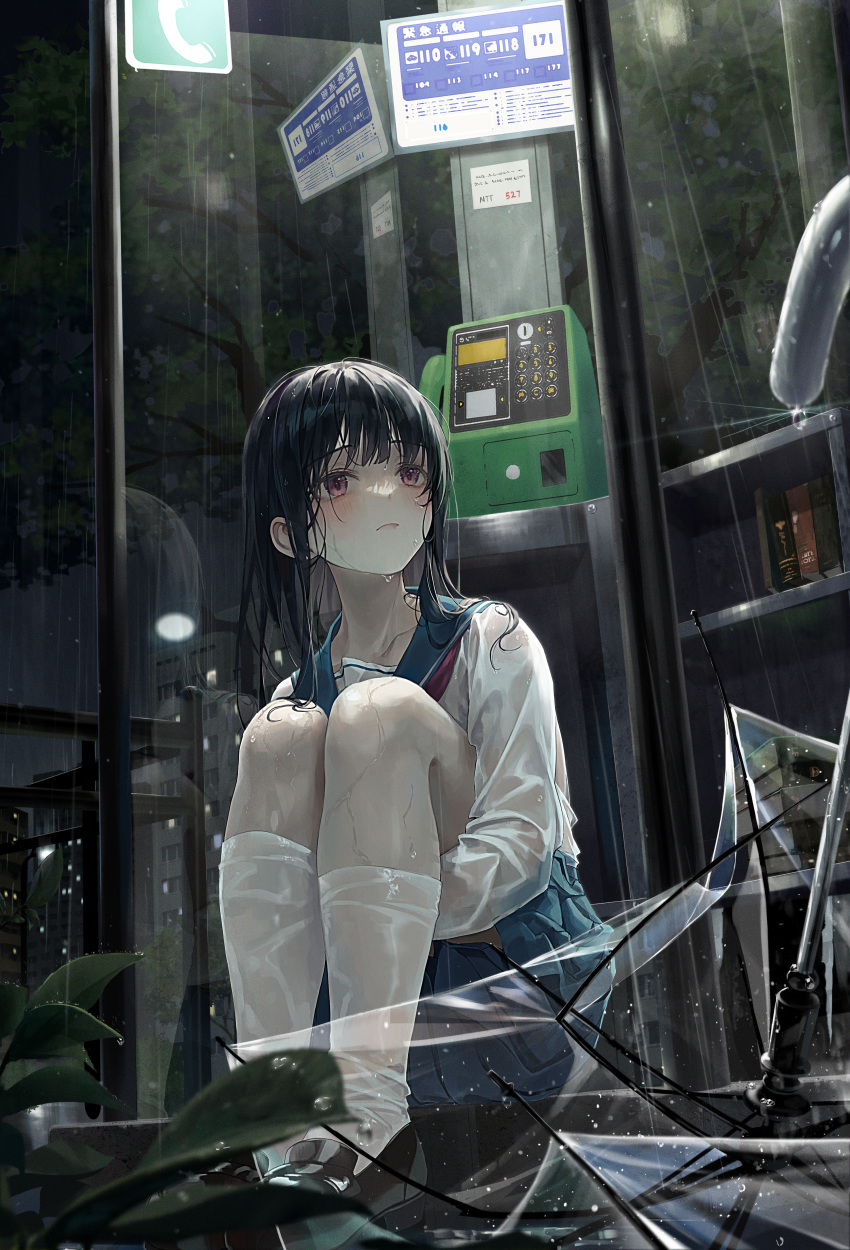 1girl, absurdres, black_hair, blue_sailor_collar, blue_skirt, blush, broken_umbrella, brown_eyes