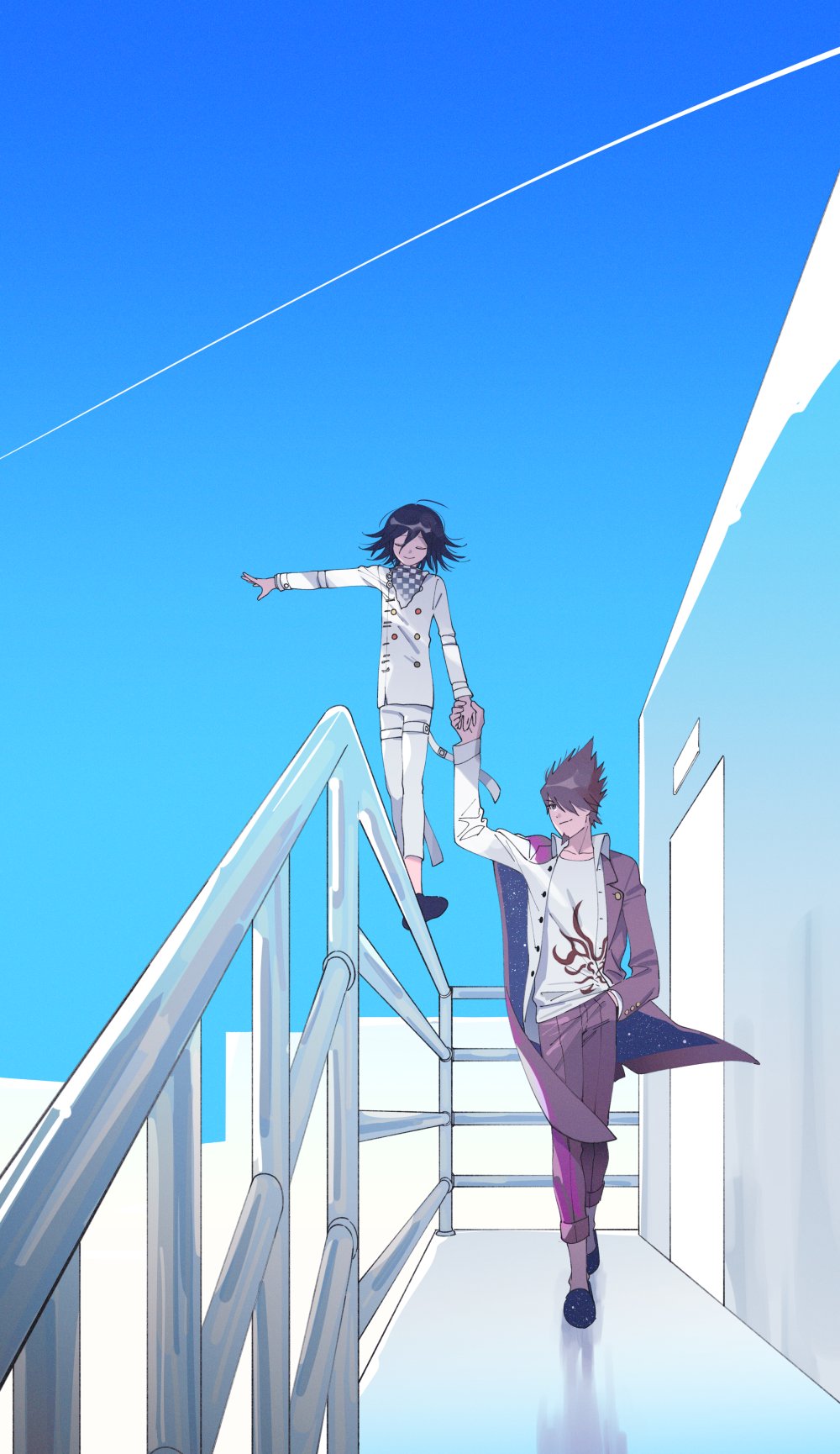 2boys, arm_belt, arm_out_of_sleeve, balancing, blue_sky, buttons, checkered_clothes, checkered_scarf
