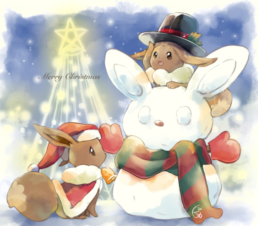 :d, asakirirokuyu, black_hat, brown_eyes, capelet, christmas, commentary_request, eevee