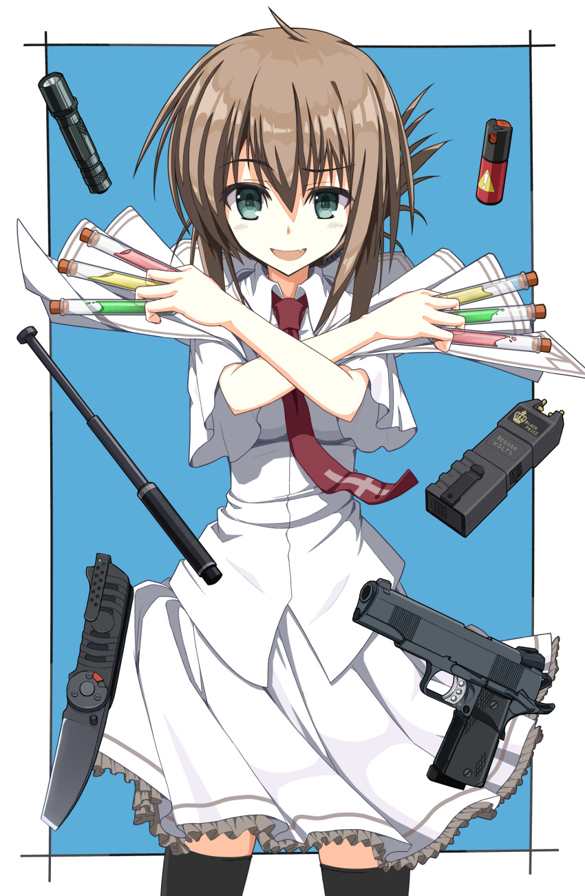 1girl, :d, absurdres, ahoge, battery, black_thighhighs, blue_background, blush, border, brown_hair, capelet, cevi79604876054, collared_shirt, commentary, cowboy_shot, cross_print, crossed_arms, dual_wielding, eyelashes, eyes_visible_through_hair, fang, flashlight, folded_ponytail, frilled_skirt, frills, furrowed_brow, green_eyes, gun, hair_between_eyes, handgun, hands_up, highres, holding, holding_test_tube, knife, looking_at_viewer, medium_hair, miniskirt, necktie, open_mouth, outside_border, pleated_skirt, red_necktie, school_uniform, shirt, simple_background, skin_fang, skirt, smile, smug, solo, stun_gun, subarashiki_hibi, tachibana_kimika, test_tube, thigh-highs, tsurime, weapon, whip, white_border, white_capelet, white_shirt, white_skirt