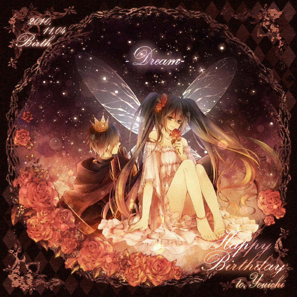 barefoot, black_hair, blue_hair, butterfly_wings, cape, crown, dress, fairy_wings