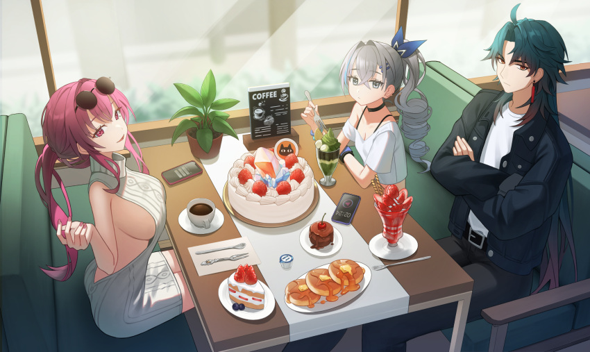 1boy, 2girls, bare_shoulders, birthday_cake, black_choker, black_jacket, black_pants, blade_(honkai:_star_rail)