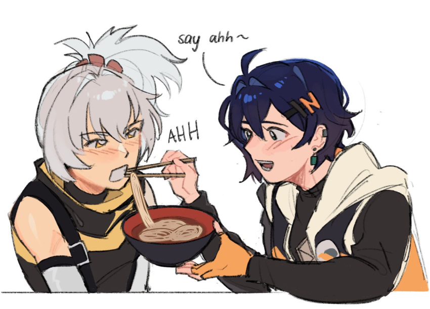 2girls, belle_(zenless_zone_zero), black_jacket, black_shirt, blue_hair, blush, bowl, chopsticks