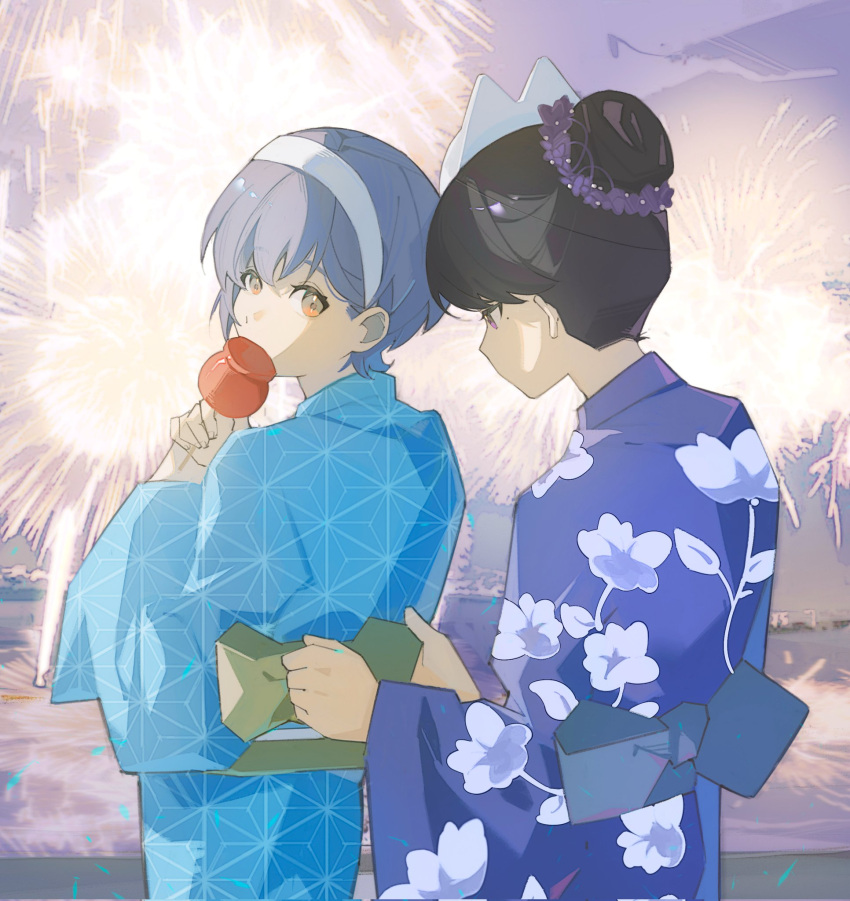 2girls, aerial_fireworks, bang_dream!, bang_dream!_it's_mygo!!!!!, blue_kimono, brown_hair, candy_apple, commentary