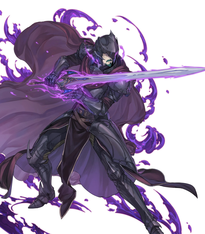 1boy, armor, aura, beard, bertram_(fire_emblem), black_armor, black_helmet, cape, clawed_gauntlets, covered_eyes, dark_aura, facial_hair, fire_emblem, fire_emblem:_path_of_radiance, fire_emblem_heroes, full_body, helmet, highres, holding, holding_sword, holding_weapon, male_focus, mustache, nishiki_areku, non-web_source, official_art, solo, sword, transparent_background, weapon