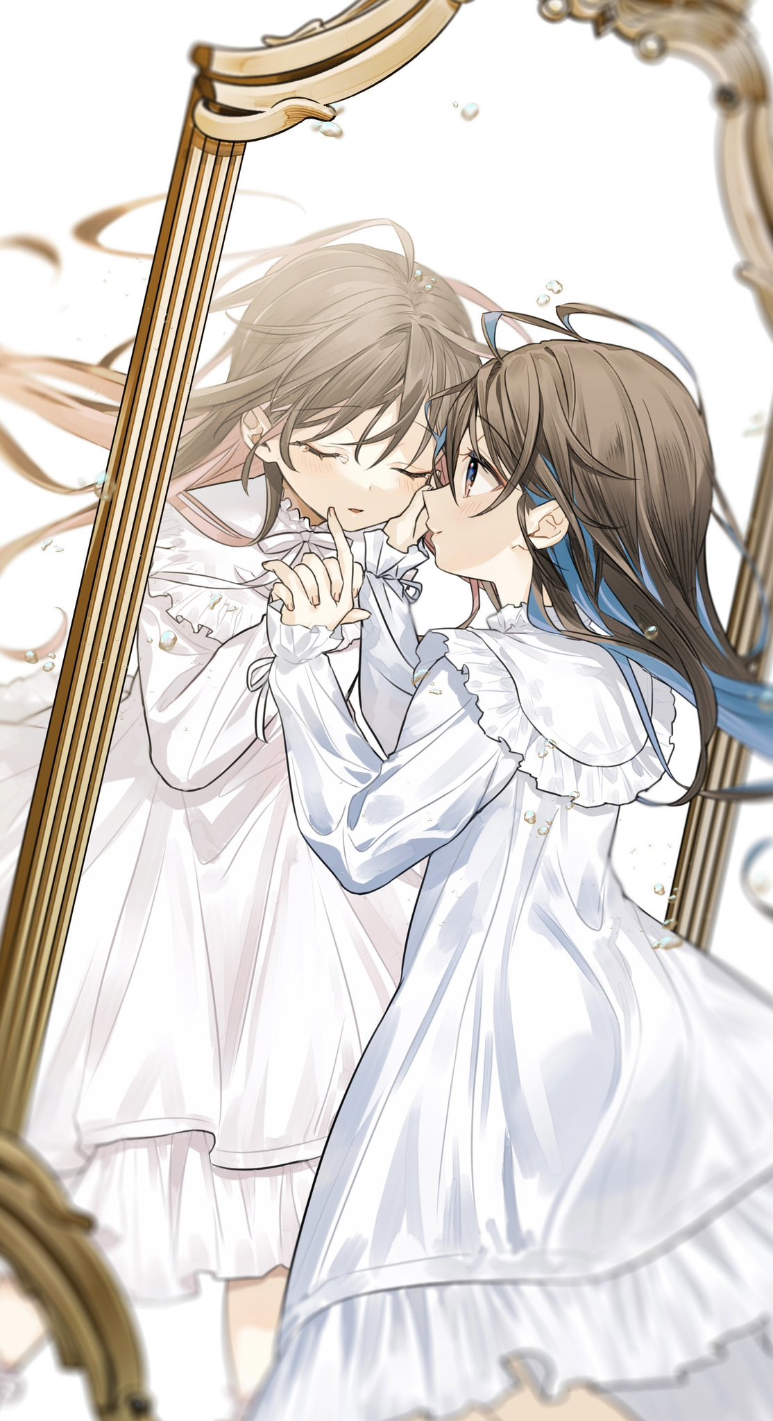 1girl, bow, bowtie, brown_hair, child, closed_eyes, different_reflection, dress
