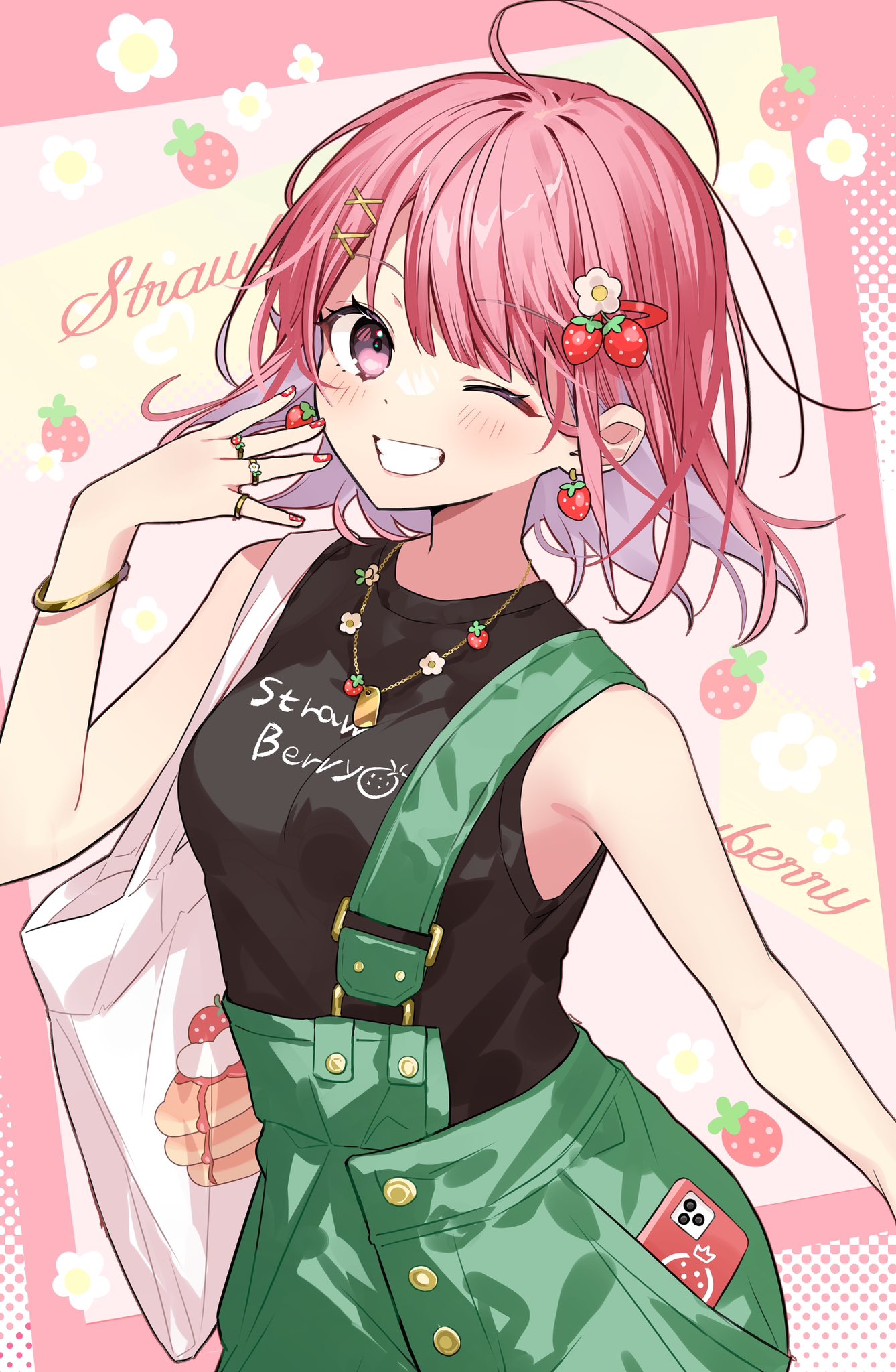 1girl, bag, black_shirt, bracelet, earrings, english_text, floral_print, food