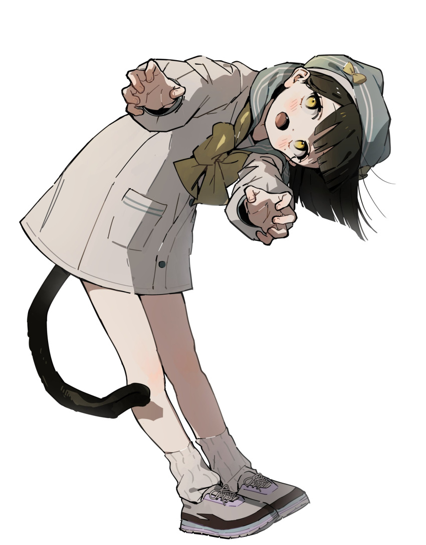 absurdres, bent_back, black_hair, black_tail, blush, bow, cat_tail, hat, hat_bow, highres, mormormorp, original, shoes, simple_background, sneakers, socks, tail, white_background, white_socks, yellow_bow, yellow_eyes