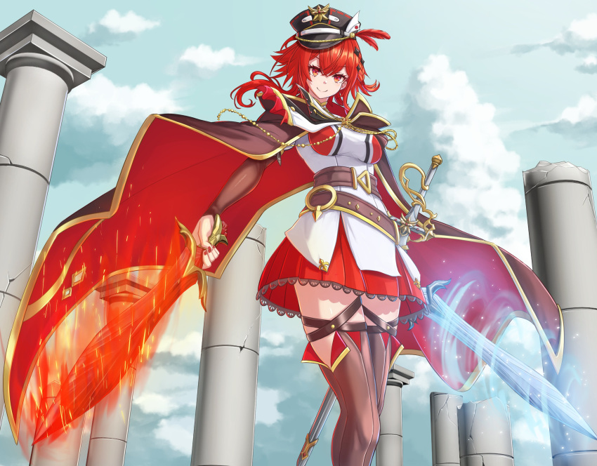 absurdres, awaiyuhi, belt, black_thighhighs, brown_belt, brown_cape, cape, commission