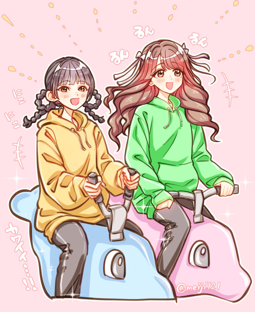 +++, 2girls, :d, animification, black_hair, black_pants, blunt_bangs, blush