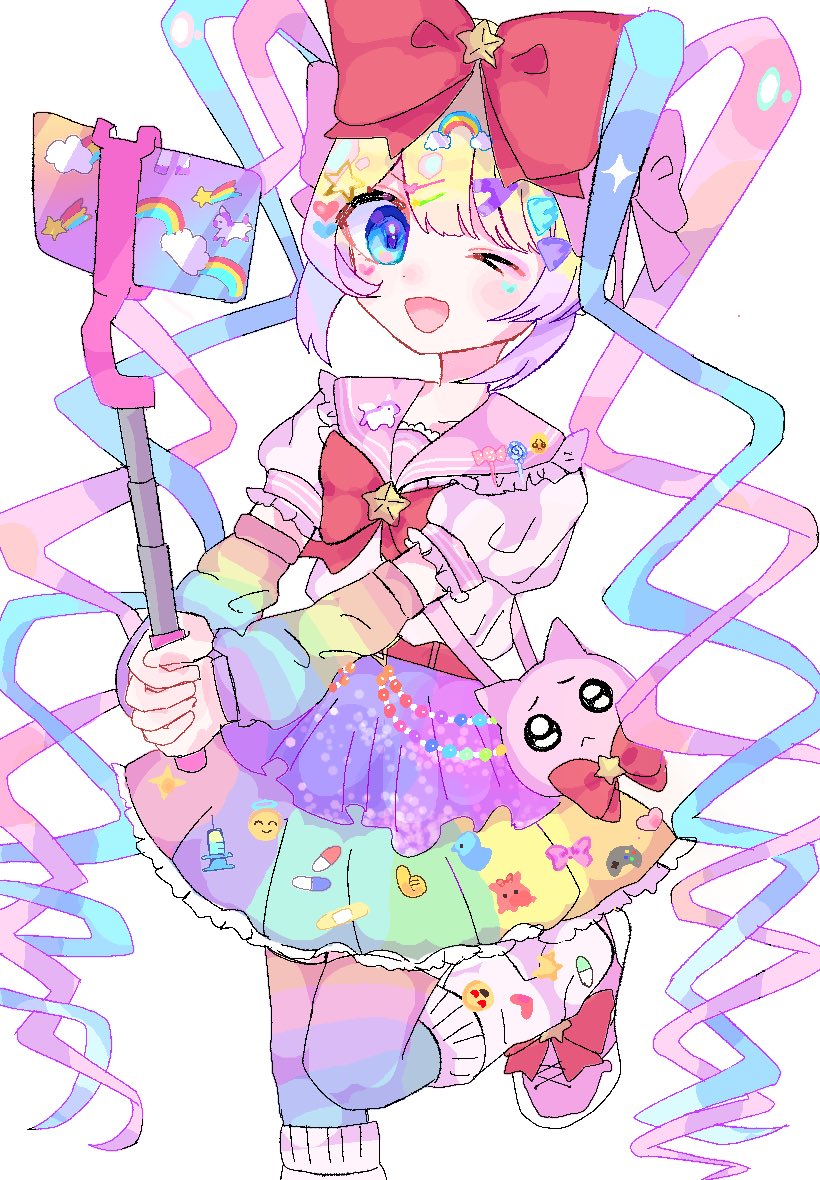 >_o, 1girl, ;d, blonde_hair, blue_eyes, blue_hair, bow, cellphone