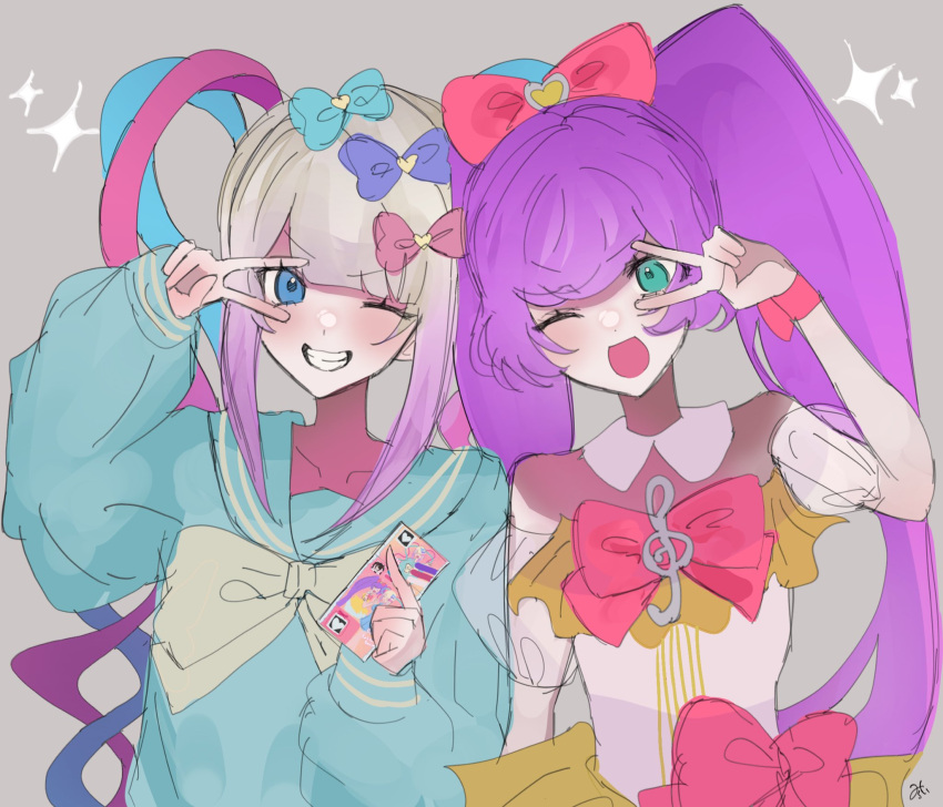 2girls, ;d, blonde_hair, blue_bow, blue_eyes, blue_hair, blue_shirt, bow, chouzetsusaikawa_tenshi-chan, commentary, crossover, detached_collar, grey_background, grin, hair_bow, heart, highres, holding, idol_clothes, long_hair, long_sleeves, looking_at_viewer, manaka_laala, mirai_drs, multicolored_hair, multiple_girls, needy_girl_overdose, one_eye_closed, open_mouth, pink_bow, pink_hair, pretty_series, pripara, priticket, purple_bow, purple_hair, quad_tails, sailor_collar, shirt, smile, sparkle, symbol-only_commentary, treble_clef, twintails, upper_body, v, v_over_eye, very_long_hair