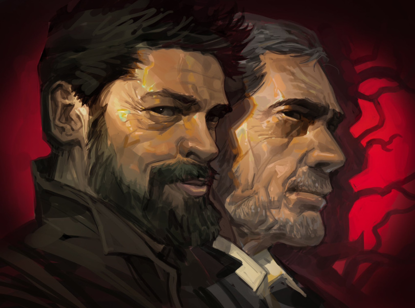 2boys, beard, billy_butcher, black_eyes, black_jacket, brown_hair, closed_mouth, facial_hair