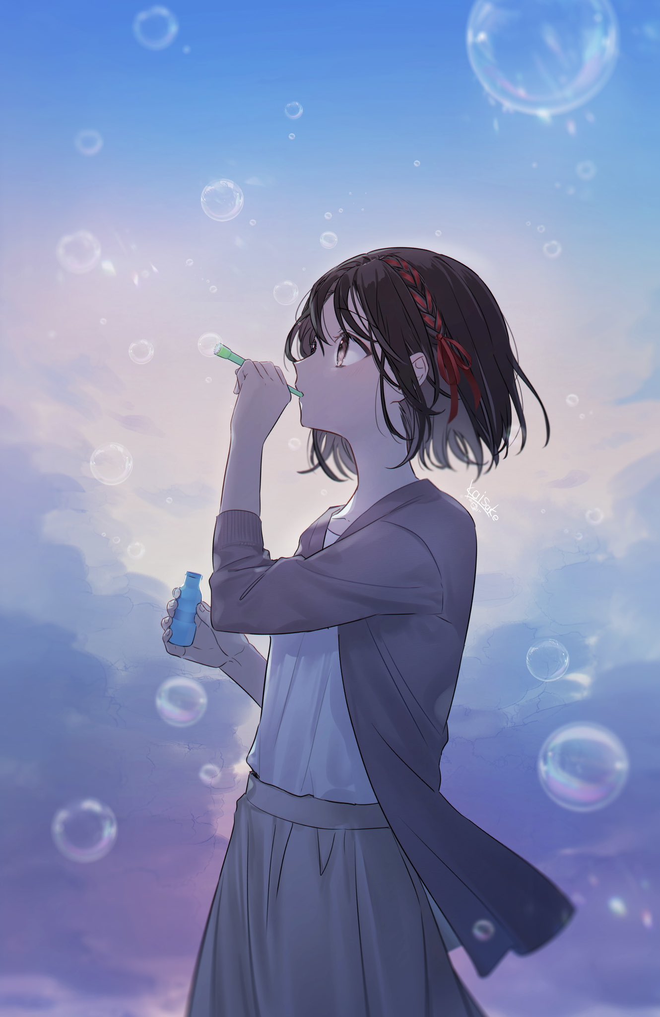 1girl, blowing_bubbles, braid, brown_eyes, brown_hair, bubble, bubble_pipe, bubble_wand