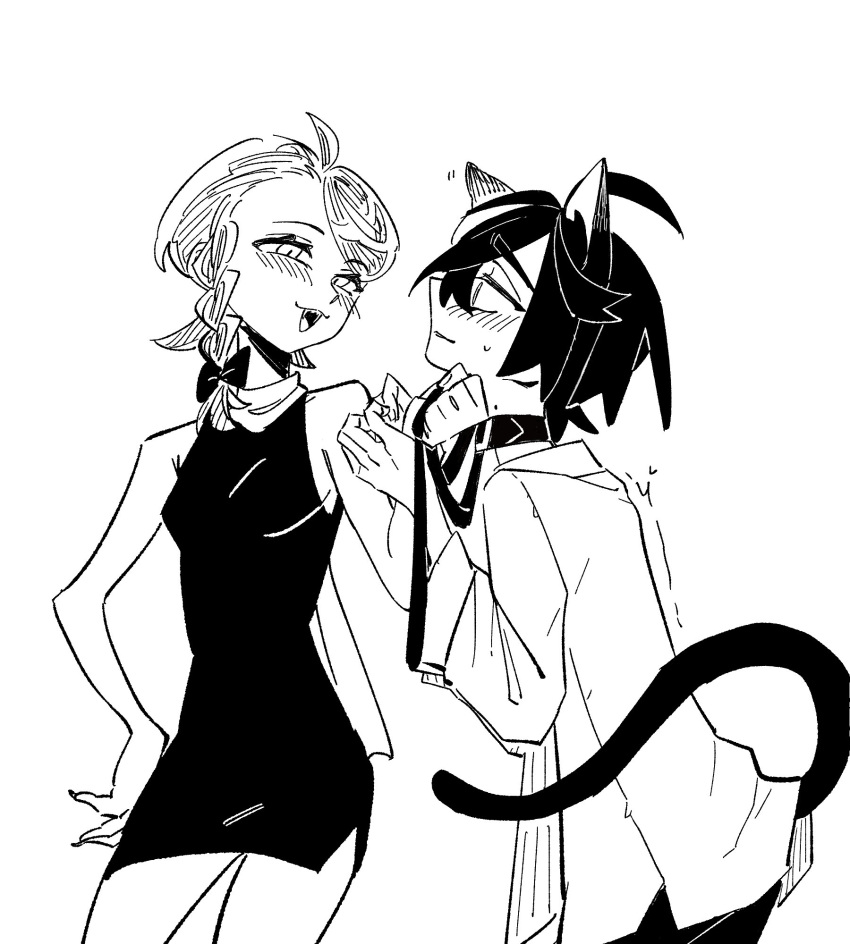 1boy, 1girl, ahoge, alternate_costume, animal_ears, black_dress, blush, bow