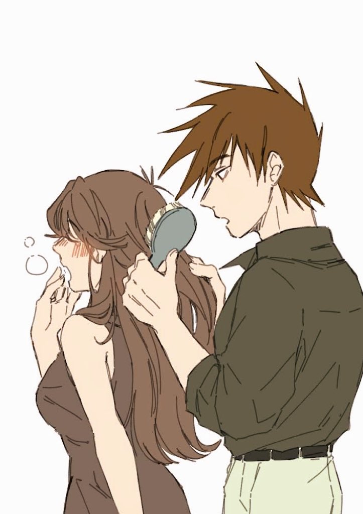 1boy, 1girl, alternate_costume, black_dress, black_shirt, blue_oak, blush, brown_hair, brushing_hair, closed_eyes, collared_shirt, dress, from_behind, from_side, green_(pokemon), hair_brush, hand_to_own_mouth, hand_up, holding, holding_another's_hair, holding_brush, holding_hair_brush, long_hair, long_sleeves, open_mouth, pokemon, pokemon_adventures, pokemon_rgby, riceball_(gohan_gin), shirt, short_hair, sleeveless, sleeves_rolled_up, spiky_hair, tearing_up, yawning