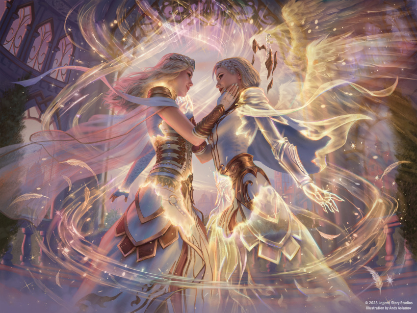 2girls, absurdres, amber_eyes, andy_aslamov, angel_wings, artist_name, blue_eyes, bracer, braid, breasts, cape, cathedral, copyright_name, crown_braid, dress, fingerless_gloves, fisheye, flesh_and_blood, gloves, hand_on_another's_cheek, hand_on_another's_face, highres, long_hair, magic, multiple_girls, official_art, prism_(flesh_and_blood), shiyana_(flesh_and_blood), short_hair, small_breasts, tiara, transformation, tree, white_cape, white_dress, white_hair, white_nails, window, wings