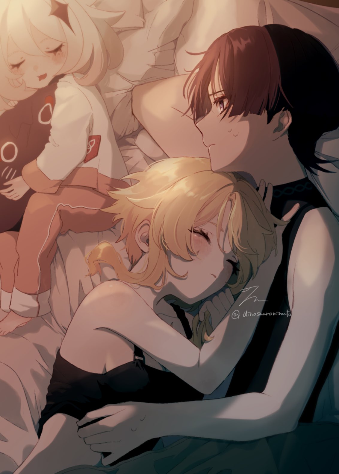 1boy, 2girls, alternate_costume, animal-shaped_pillow, arm_behind_head, barefoot, bed, bed_sheet, black_bodysuit, black_camisole, black_eyes, black_hair, blonde_hair, blunt_ends, blush, bodysuit, breasts, camisole, couple, diamond_(shape), diamond_hair_ornament, dinosaurominuto, double-parted_bangs, eyelashes, garter_belt, genshin_impact, grabbing_own_hair, hair_between_eyes, hand_on_another's_chest, hand_under_clothes, head_on_chest, hetero, highres, long_sleeves, lumine_(genshin_impact), lying, mandarin_collar, multiple_girls, on_bed, on_side, open_mouth, pajamas, pants, parted_bangs, pillow, pillow_grab, pink_pants, scaramouche_(cat)_(genshin_impact), scaramouche_(genshin_impact), short_hair, short_hair_with_long_locks, sideboob, sidelocks, sleeping, sleeveless, stuffed_animal, stuffed_toy, sweat, track_pants, twitter_username, under_covers, undressing_another, wanderer_(genshin_impact), white_hair, white_pajamas, white_sleeves