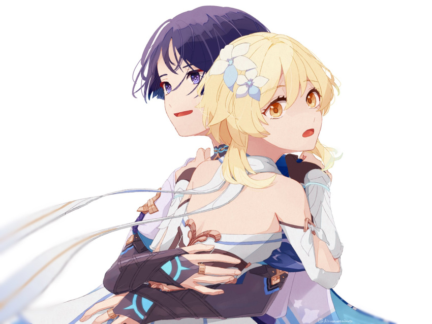 1boy, 1girl, animal_print, aqua_flower, aqua_sleeves, arm_cutout, armor, arms_around_back