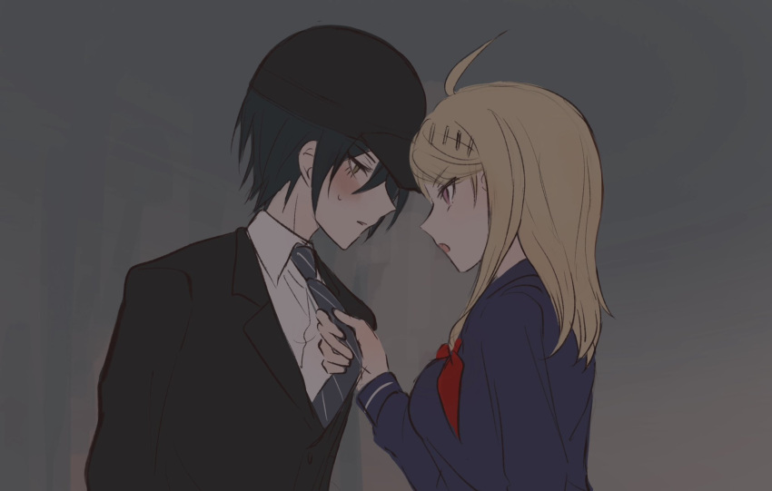1boy, 1girl, :o, ahoge, akamatsu_kaede, black_hat, black_jacket, black_sailor_collar