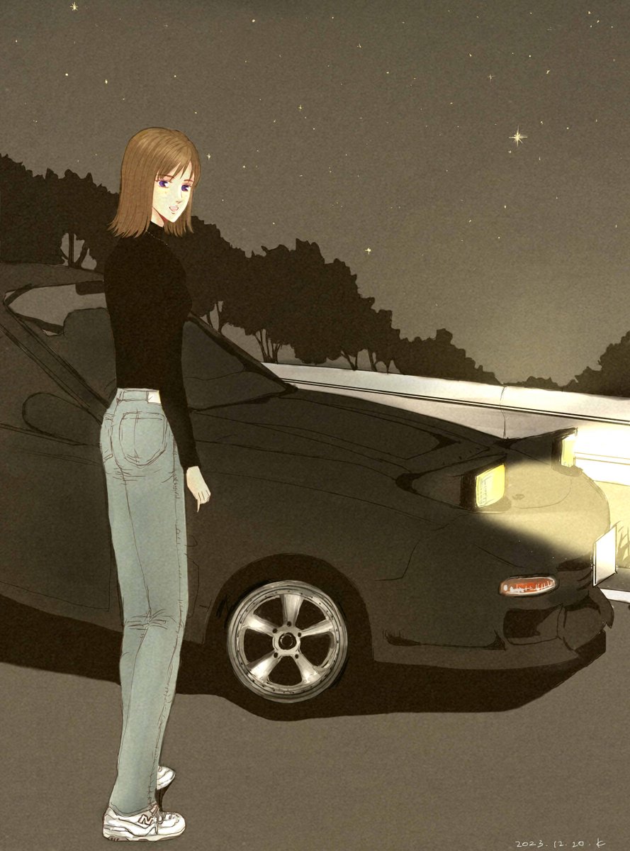 1girl, black_car, black_mirror, black_shirt, brown_hair, car, car_seat, denim