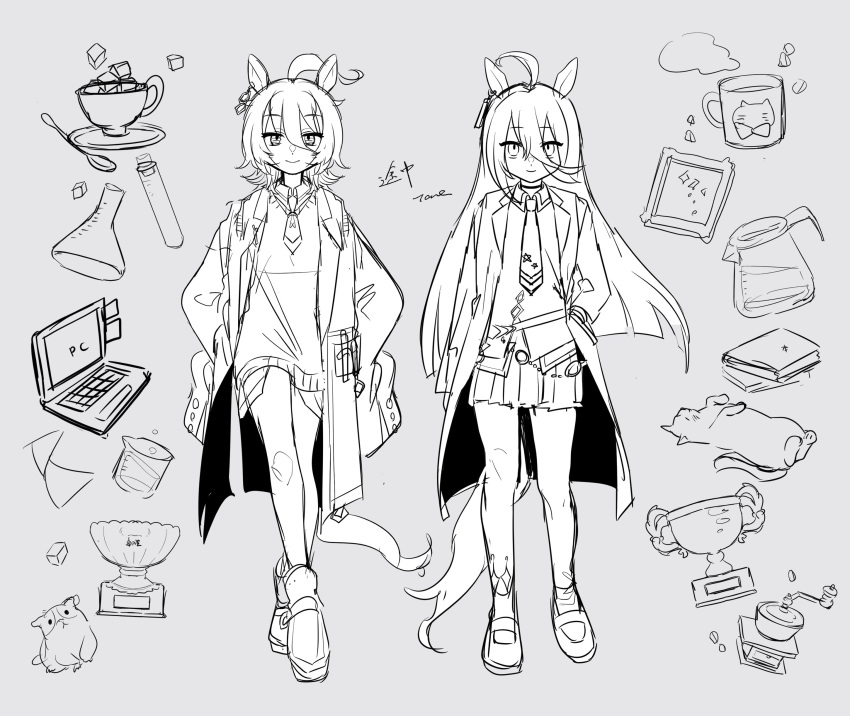 2girls, 5jt504nq, absurdres, agnes_tachyon_(umamusume), ahoge, animal_ears, beaker, belt