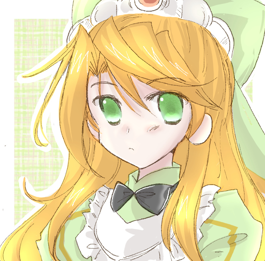1girl, black_bow, black_bowtie, bow, bowtie, chuchi_suko, etie_(fire_emblem), fire_emblem, fire_emblem_engage, green_bow, green_eyes, green_shirt, highres, long_hair, orange_gemstone, orange_hair, shirt, swept_bangs, tiara