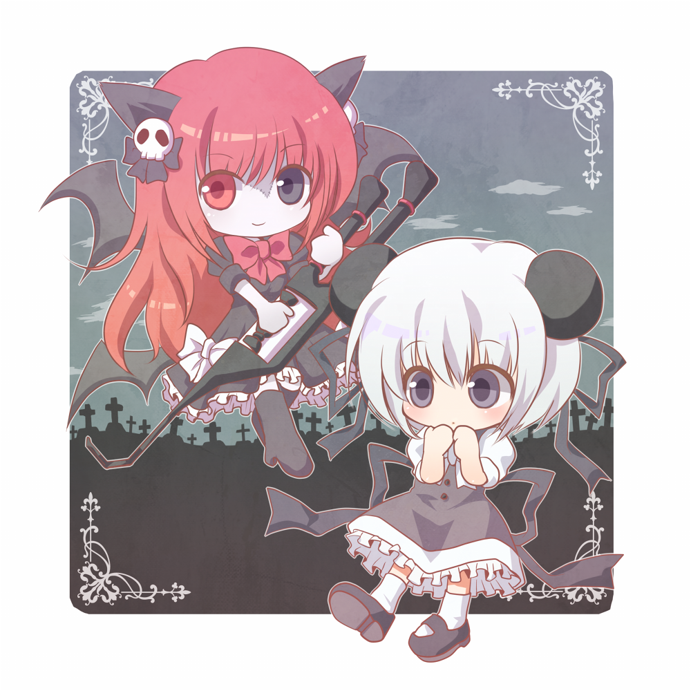 2girls, black_dress, black_eyes, cross, demon_horns, demon_wings, dress, frilled_dress, frills, graveyard, heterochromia, holding, holding_instrument, horns, instrument, keytar, multiple_girls, nibii_(panda), nyanyamo_daowa, pale_skin, red_eyes, red_ribbon, redhead, ribbon, smile, tombstone, towelket_wo_mou_ichido, warau_warawau, warawau_nyamunyamu, white_hair, wings