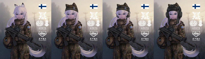 1girl, absurdres, animal_ears, assault_rifle, blue_eyes, brown_gloves, camouflage, camouflage_jacket