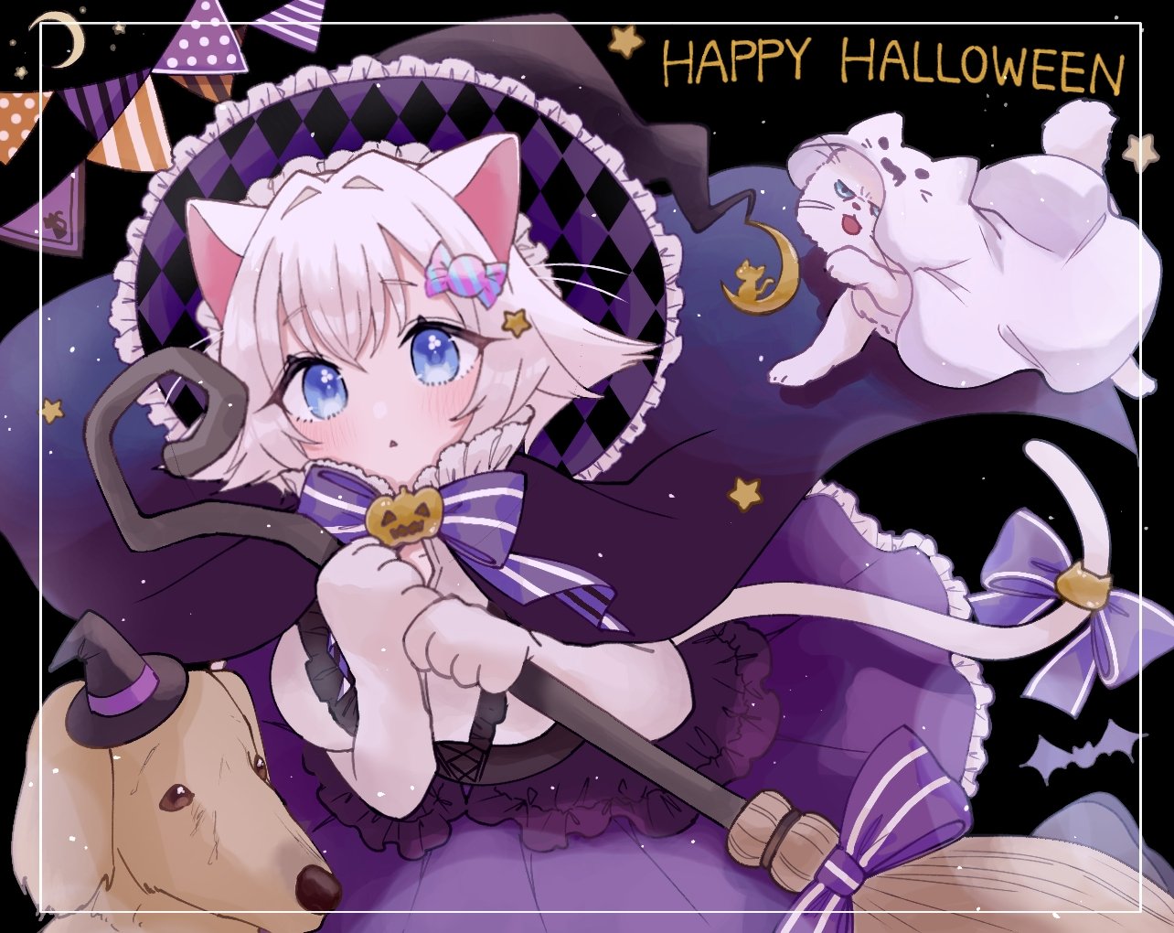 1girl, animal_hands, awahuji_miyuki, blue_eyes, bow, bowtie, broom, candy_hair_ornament