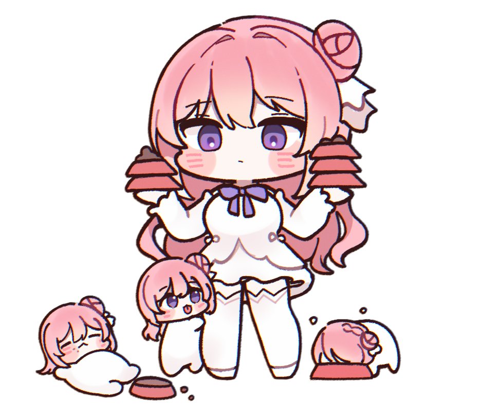 1girl, blush, bow, bowl, chibi, doro_(nikke), dorothy_(nikke), dress