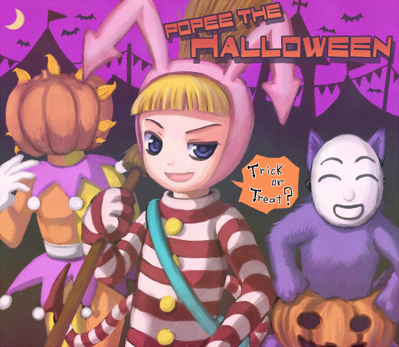 3boys, bat_(animal), blonde_hair, blue_eyes, broom, circus, clown, demon_tail, halloween, halloween_costume, holding, holding_broom, kedamono_(popee_the_performer), mask, multiple_boys, nibii_(panda), open_mouth, papi_(popee_the_performer), popee_(popee_the_performer), popee_the_performer, pumpkin, smile, standing, striped_clothes, tail, wolf