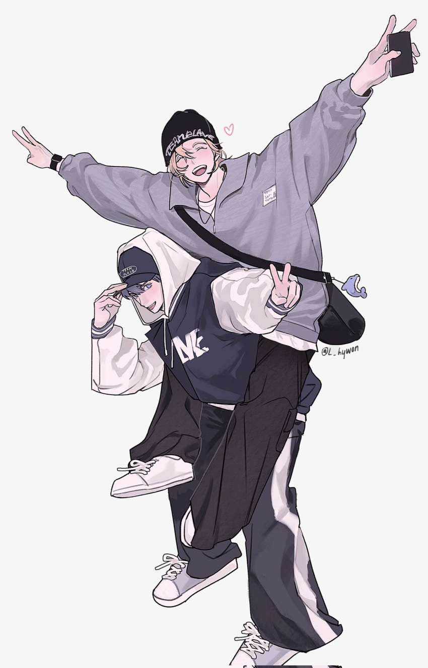 2boys, adjusting_clothes, adjusting_headwear, arm_up, bag, bag_charm, baggy_clothes, beanie