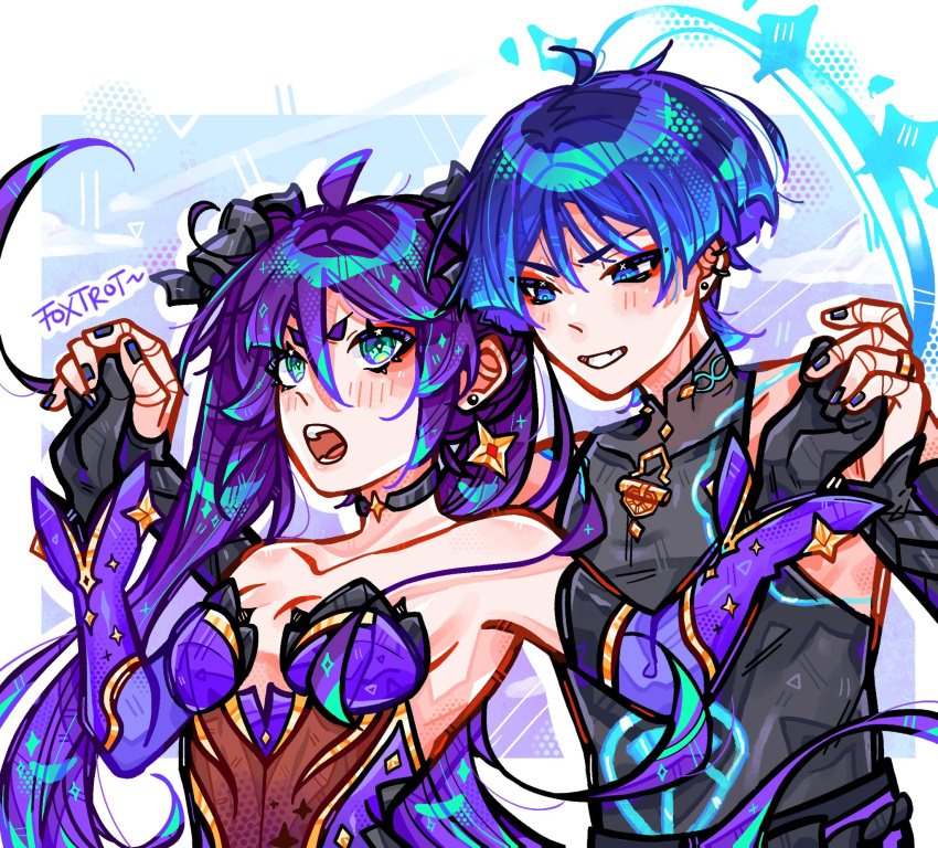 1boy, 1girl, ahoge, aqua_eyes, armpit_crease, artist_name, bare_shoulders, belt