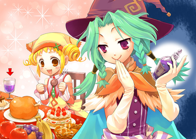 apple, aqua_hair, artist_request, banana, blonde_hair, boned_meat, braid, bread