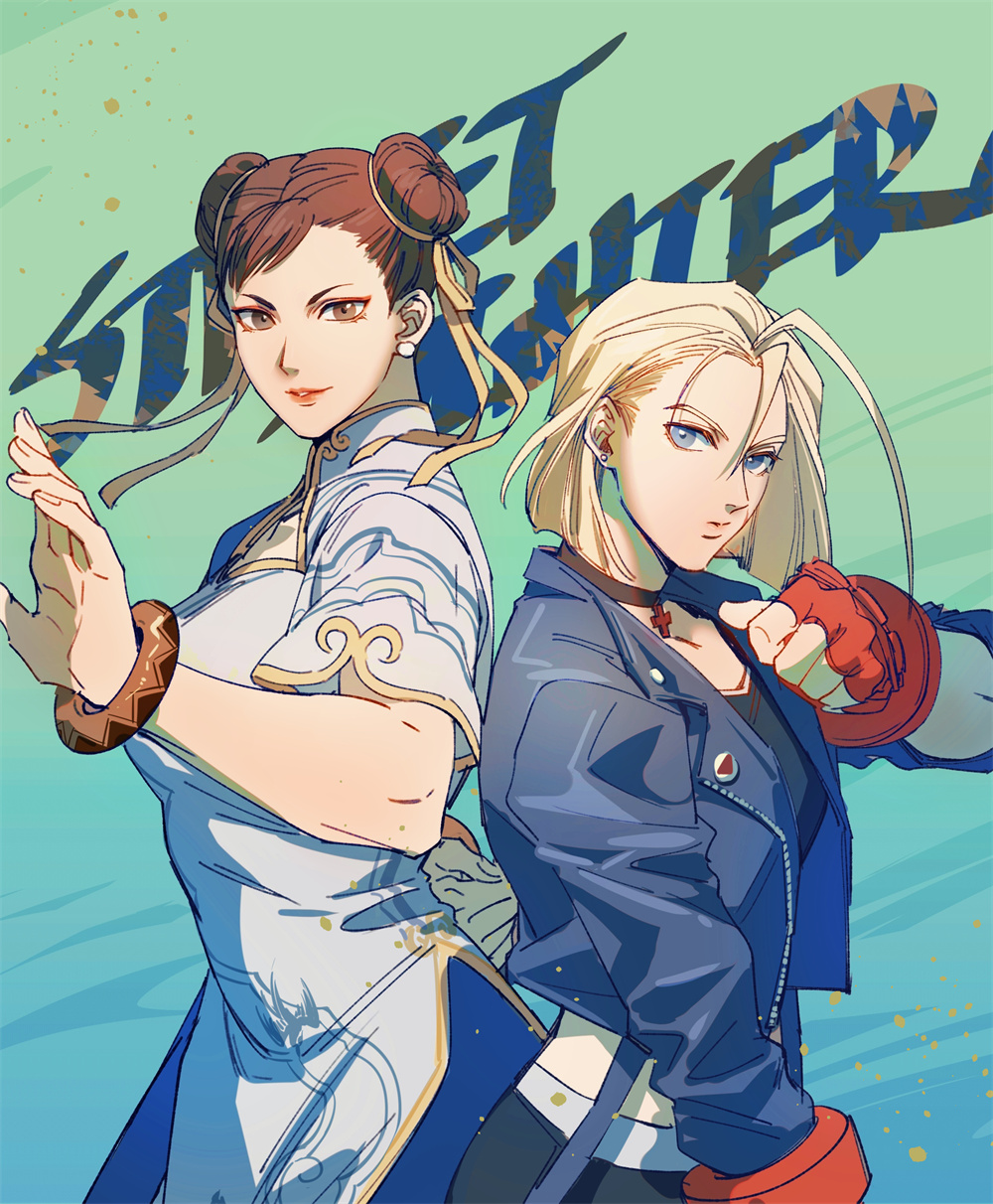 2girls, back-to-back, black_hair, blonde_hair, blue_background, blue_eyes, bracelet, brown_eyes, cammy_white, choker, chun-li, copyright_name, double_bun, fingerless_gloves, gold_trim, gradient, hand_up, jacket, leather_jacket, looking_at_viewer, red_gloves, short_sleeves, street_fighter, tied_hair, white_dress, yuiofire