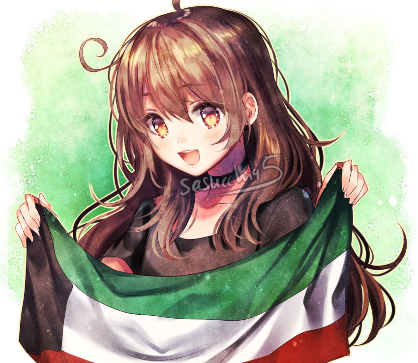1girl, :d, ahoge, artist_name, artist_self-insert, black_choker, black_shirt, blush, brown_hair, choker, collarbone, commentary, cowlick, double-parted_bangs, english_commentary, fingernails, flag, green_background, hair_between_eyes, hair_over_shoulder, hands_up, highres, holding, holding_flag, kuwaiti_flag, long_hair, looking_at_object, looking_down, open_mouth, orange_eyes, original, outline, sasucchi95, shirt, short_sleeves, simple_background, smile, solo, t-shirt, teeth, tongue, upper_body, upper_teeth_only, yellow_outline