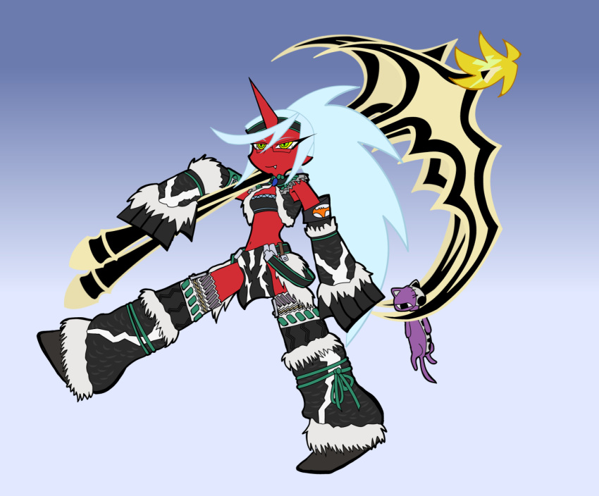demon_girl, double_gold_spandex, dual_wielding, fang, glasses, green_eyes, highres, horn