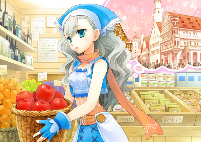 aqua_eyes, artist_request, basket, city, fingerless_gloves, food, fruit, gloves
