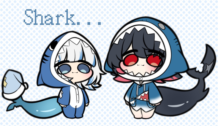 2girls, :3, animal_hood, arms_at_sides, barefoot, black_hair, blue_eyes, buttons