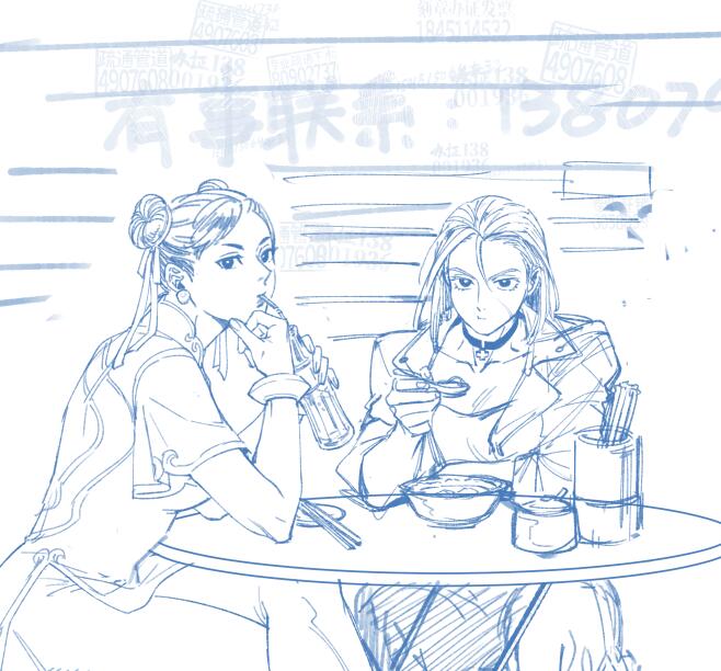 2girls, bracelet, cammy_white, choker, chopsticks, chun-li, collarbone, double_bun