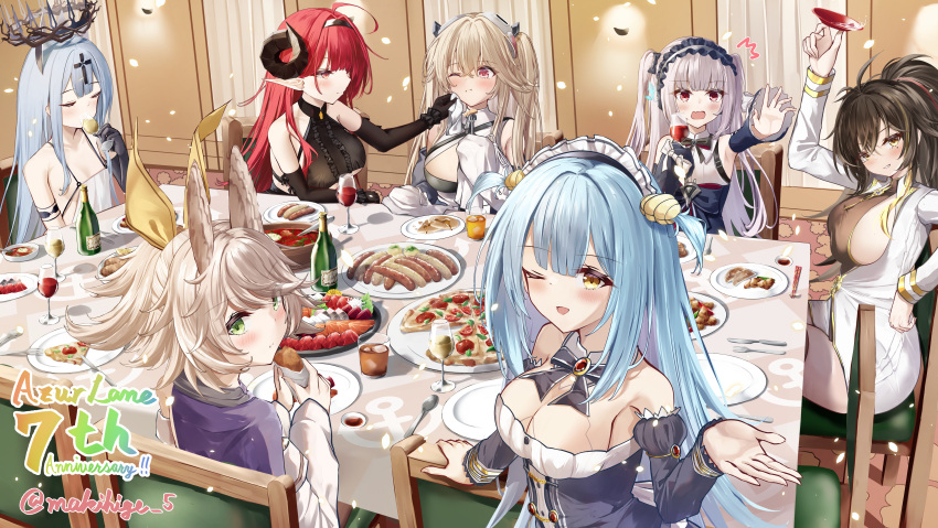 6+girls, ^^^, absurdres, alcohol, anchorage_(azur_lane), azur_lane, banquet, black_hair