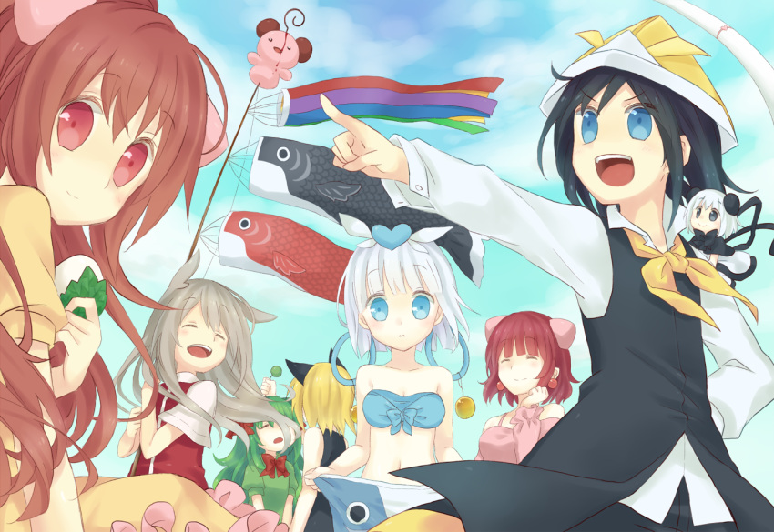 black_hair, blonde_hair, blue_eyes, blue_sky, closed_eyes, dress, earrings, green_hair, hand_on_own_hip, hato_kazue, hato_poppochi, heart, jewelry, koinobori, koucha_himyu, mocha_coffee, moochasu_dudager, open_mouth, paripariume_umeko, pointing, pucchi_woofwoof, red_eyes, redhead, shinomaru_hajime, sky, smile, towelket_wo_mou_ichido, towelket_wo_mou_ichido_4/umi, warawau_nyamunyamu, white_hair, windsock, yellow_dress