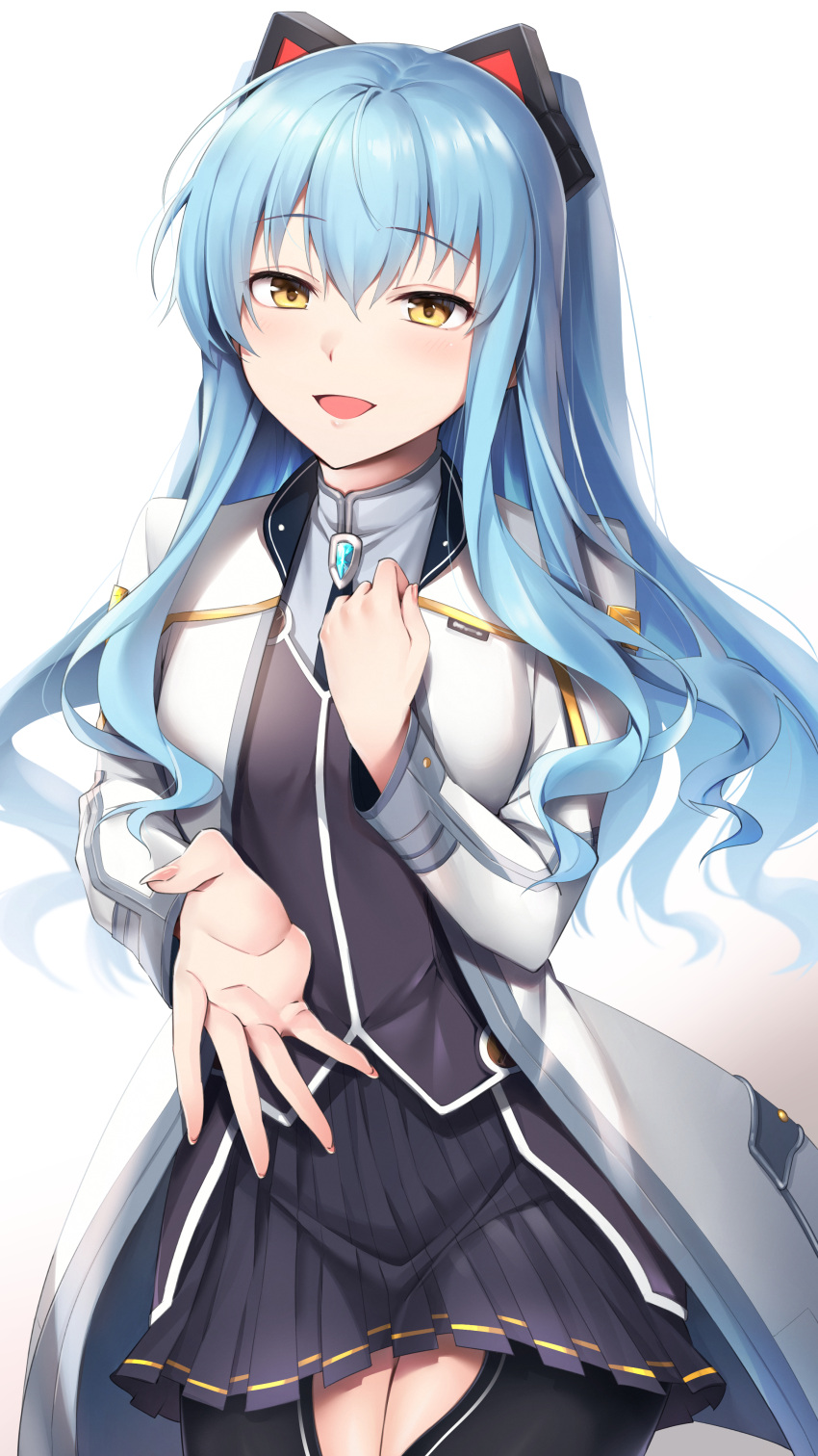 1boy, 1girl, absurdres, animal_ears, ao_no_kiseki, black_skirt, black_thighhighs, black_vest, blue_hair, blush, breasts, breath, cat_ears, clothes_lift, coat, commentary_request, commission, cowboy_shot, eiyuu_densetsu, fake_animal_ears, furrowed_brow, grey_shirt, headgear, henria, highres, lab_coat, light_blue_hair, long_hair, looking_at_viewer, miniskirt, open_mouth, outstretched_hand, pleated_skirt, sen_no_kiseki_(series), sen_no_kiseki_i, shirt, sidelocks, skeb_commission, skirt, skirt_lift, small_breasts, smile, tearing_up, thigh-highs, thighs, tio_plato, tongue, vest, white_coat, yellow_eyes, zero_no_kiseki