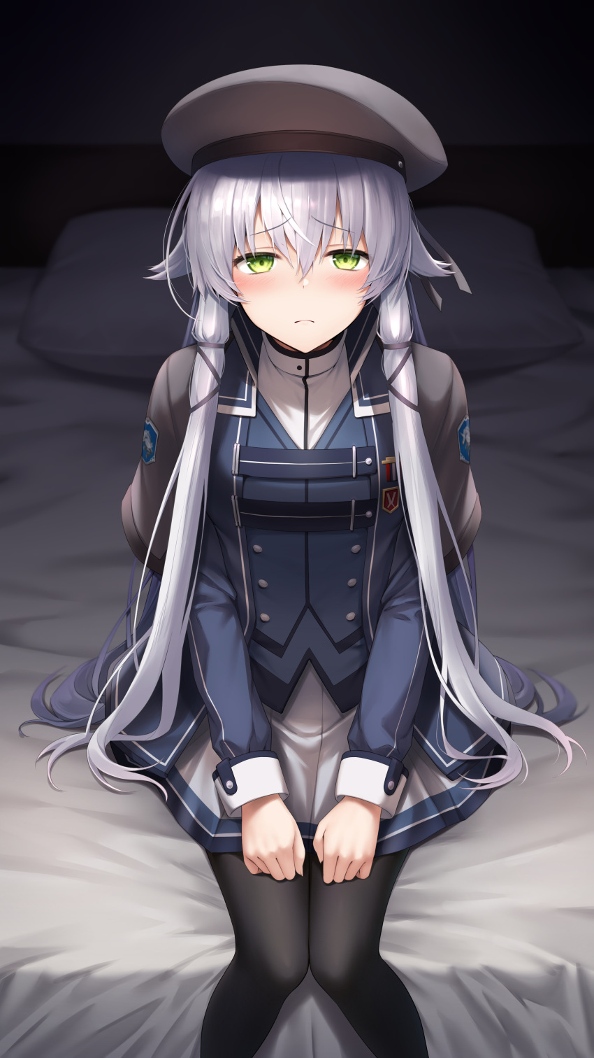 1girl, absurdres, altina_orion, bed, black_jacket, black_pantyhose, closed_mouth, commentary_request, commission, eiyuu_densetsu, green_eyes, green_hair, henria, highres, indoors, jacket, long_sleeves, looking_at_viewer, low_twintails, nail_polish, on_bed, pantyhose, pillow, sen_no_kiseki_(series), sen_no_kiseki_iii, sen_no_kiseki_iv, sidelocks, sitting, skeb_commission, skirt, solo, thors_military_academy_branch_campus_uniform, twintails, white_skirt