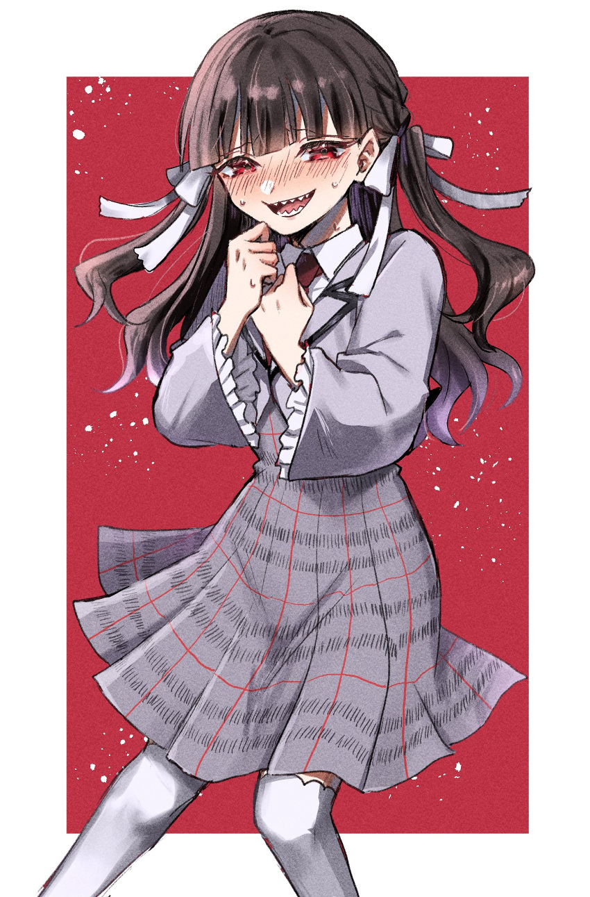 1girl, black_hair, blazer, blunt_bangs, blush, feet_out_of_frame, grey_jacket, grey_skirt, hair_ribbon, high-waist_skirt, highres, jacket, kiiro_ex, kimi_no_koto_ga_dai_dai_dai_dai_daisuki_na_100-nin_no_kanojo, legs_apart, long_hair, medium_skirt, nose_blush, open_mouth, red_eyes, ribbon, school_uniform, sharp_teeth, skirt, solo, sweat, teeth, thigh-highs, w_arms, white_ribbon, white_thighhighs, wide_sleeves