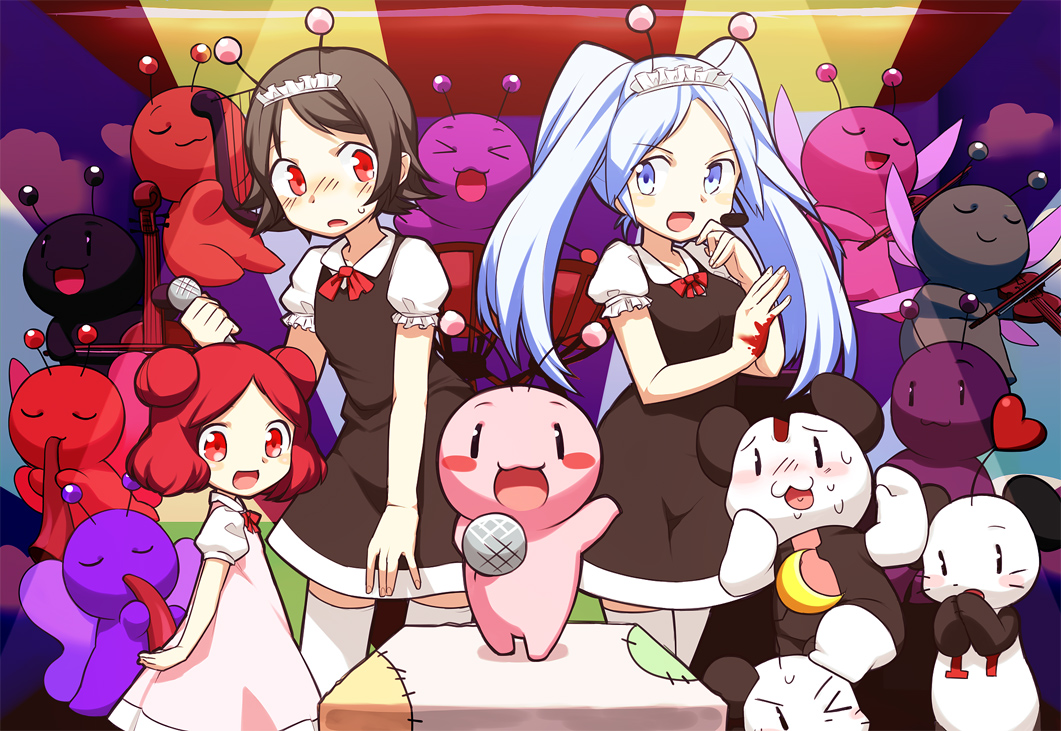 3boys, 4girls, antennae, black_dress, blood, blood_on_hands, blue_eyes, blue_hair, blush, bug, conchelle_monyanism, crossdressing, dress, fake_antennae, heart, instrument, kachil_(towelket), maid_headdress, messier_number, microphone, moon, multiple_boys, multiple_girls, music, nekoashi_konbu, nekojita_nekozukin, paripariume_umeko, pink_dress, playing_instrument, pon_groom, red_eyes, red_ribbon, redhead, ribbon, towelket_wo_mou_ichido, towelket_wo_mou_ichido_3, twintails