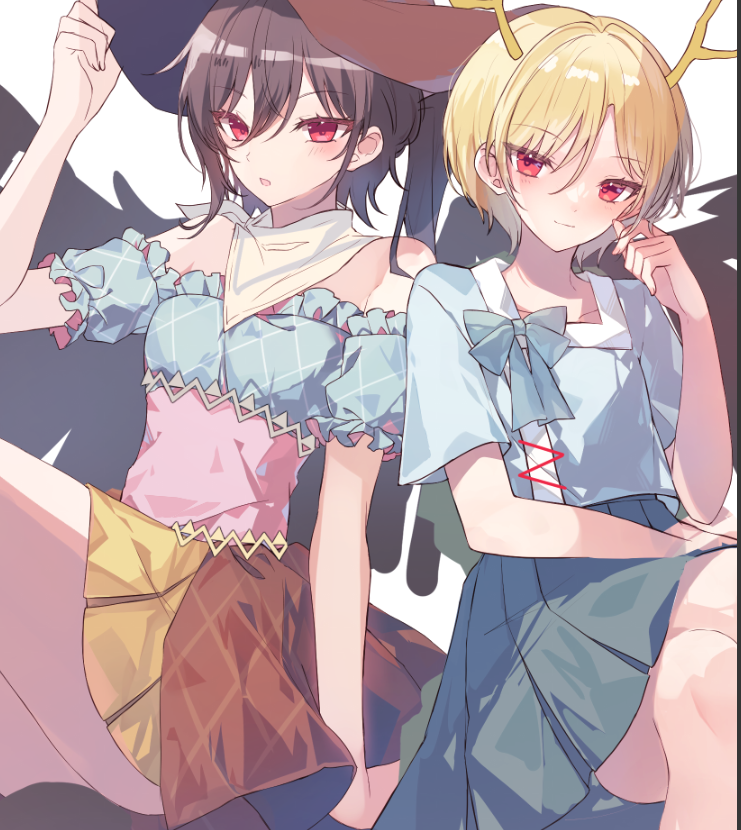 antlers, bandana, blue_shirt, cowboy_hat, dragon_girl, dragon_horns, dragon_tail, green_scales